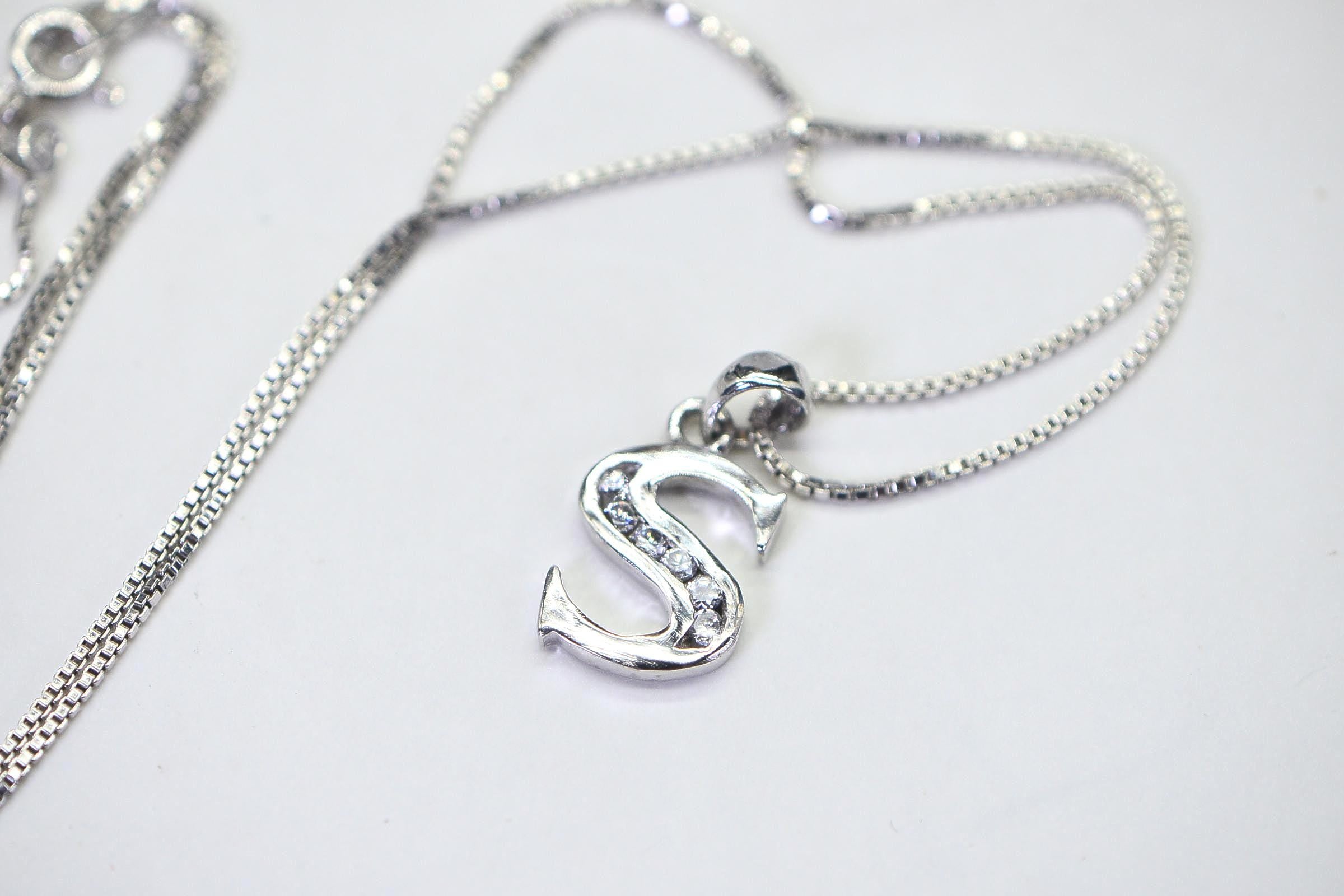 S Shape Simulated Diamond Pendant Necklace 14K White Gold Over Sterling Silver | Simple Elegant Necklace 18 Inch Chain Gift for Her