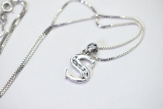 S Shape Simulated Diamond Pendant Necklace 14K White Gold Over Sterling Silver | Simple Elegant Necklace 18 Inch Chain Gift for Her
