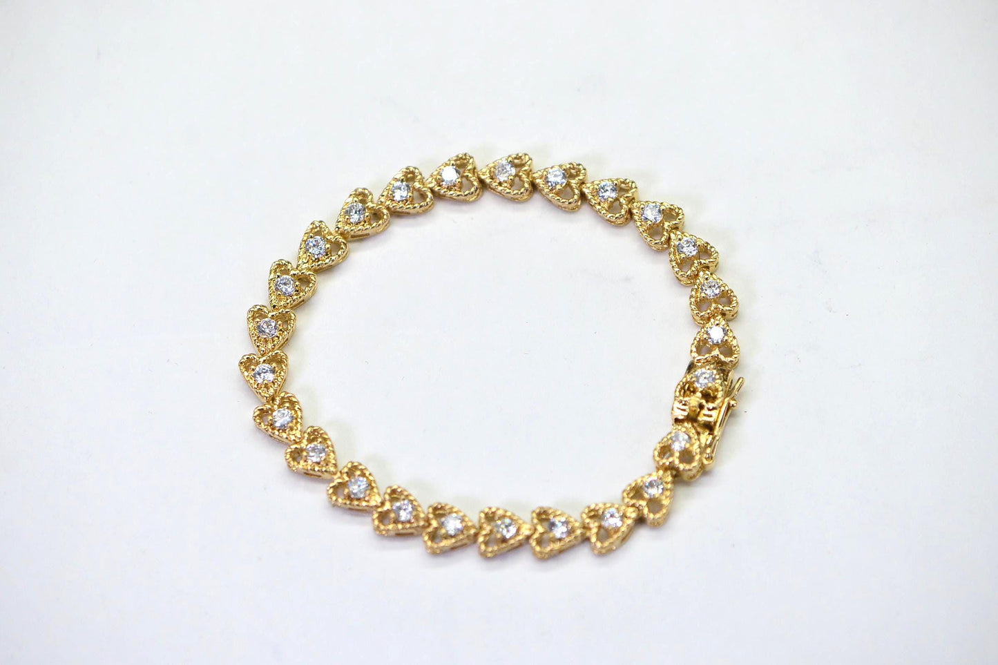 Gold Heart Bracelet: Simulated Diamond, 18K Gold Over Sterling Silver, 7 Inch