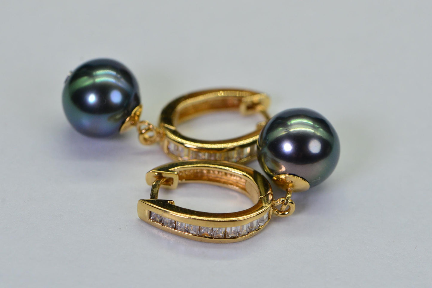 Tahitian Pearl Drop Earrings: 14K Gold Over Sterling Silver, CZ Accents