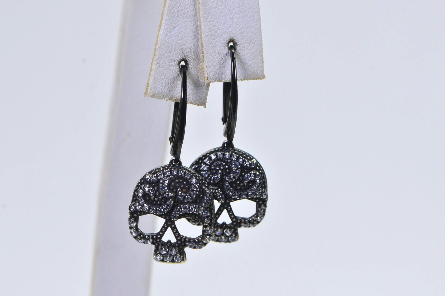 Simulated Diamond Skull Earrings – Black Gold Over Sterling Silver Dangle Earrings