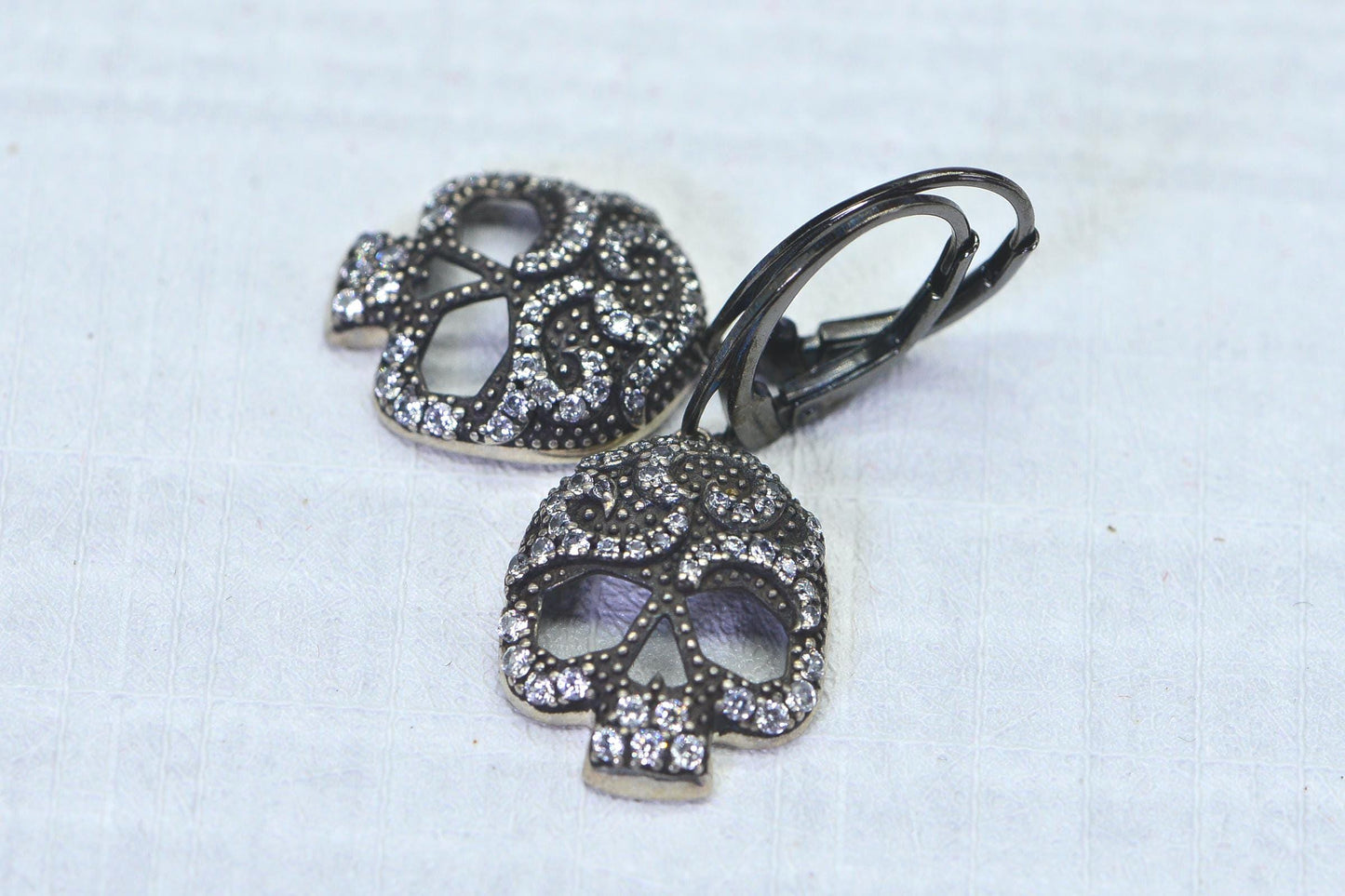 Simulated Diamond Skull Earrings – Black Gold Over Sterling Silver Dangle Earrings