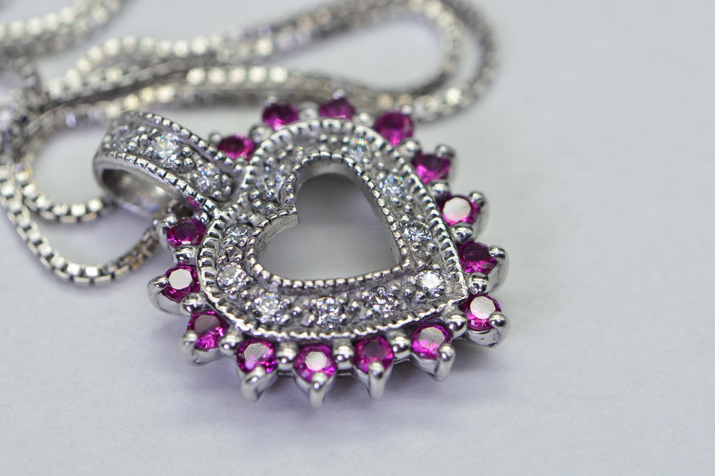 Ruby Heart Pendant: Simulated Diamond, 14K White Gold Over Sterling Silver