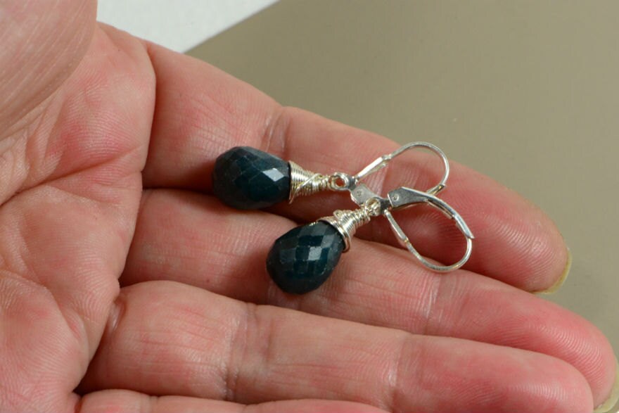 Natural Emerald Sterling Silver Earrings: Wire Wrapped Teardrop Dangle