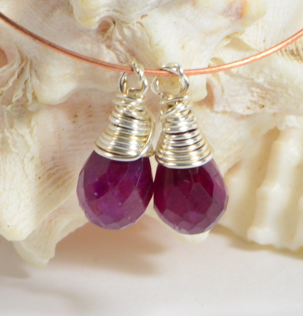 Ruby wire wrapped briolette matched pair Sterling silver wire