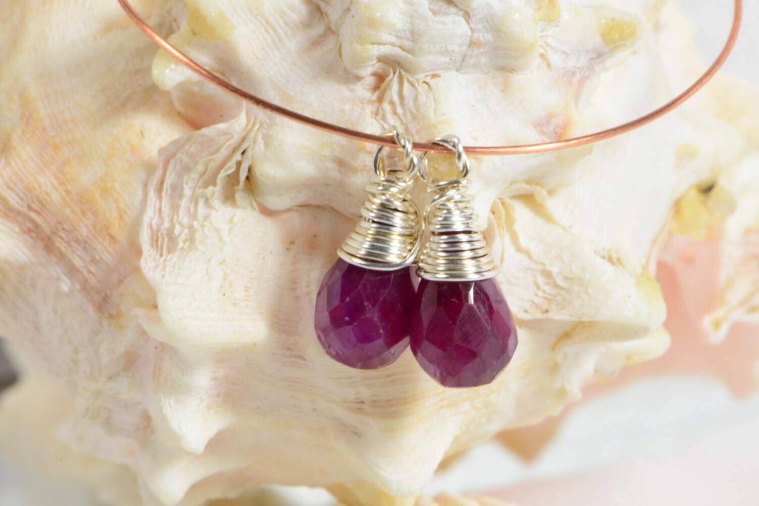 Ruby wire wrapped briolette matched pair Sterling silver wire