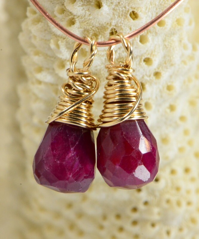 Ruby wire wrapped briolette matched pair 14K gold filled wire Birthstone Jewelry