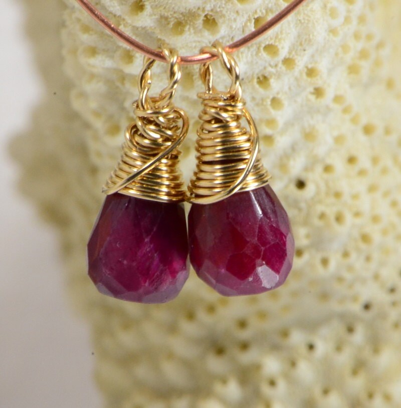 Ruby wire wrapped briolette matched pair 14K gold filled wire Birthstone Jewelry