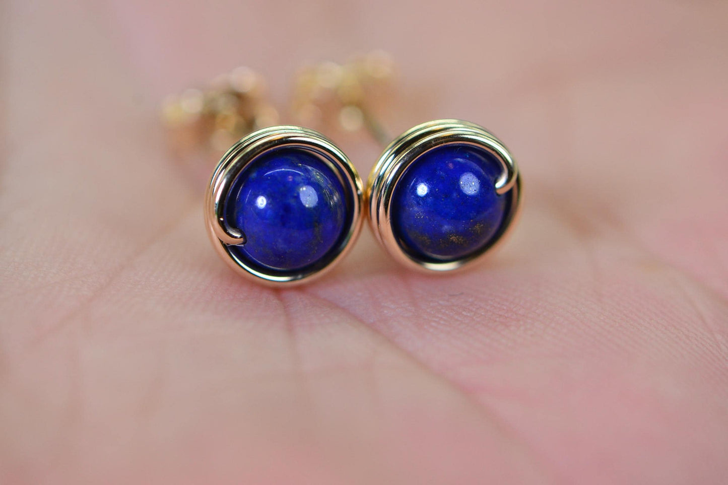 Lapis Lazuli Stud Earrings: 14K Gold Filled Wire Wrapped Gemstone