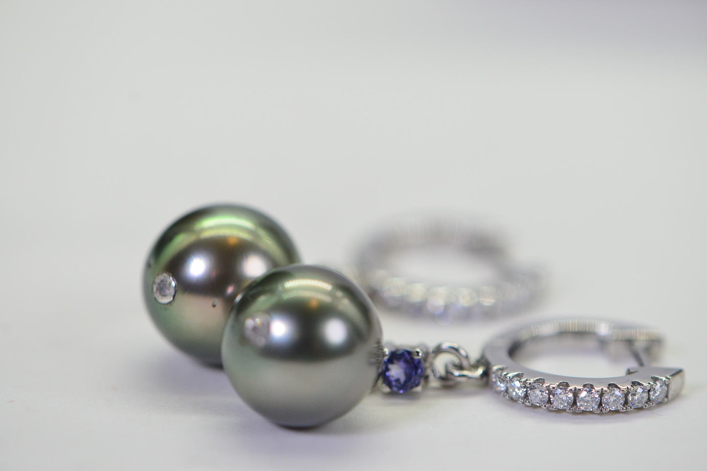 Tahitian Black Pearl Diamond Dangle Earrings: Tanzanite & Diamond