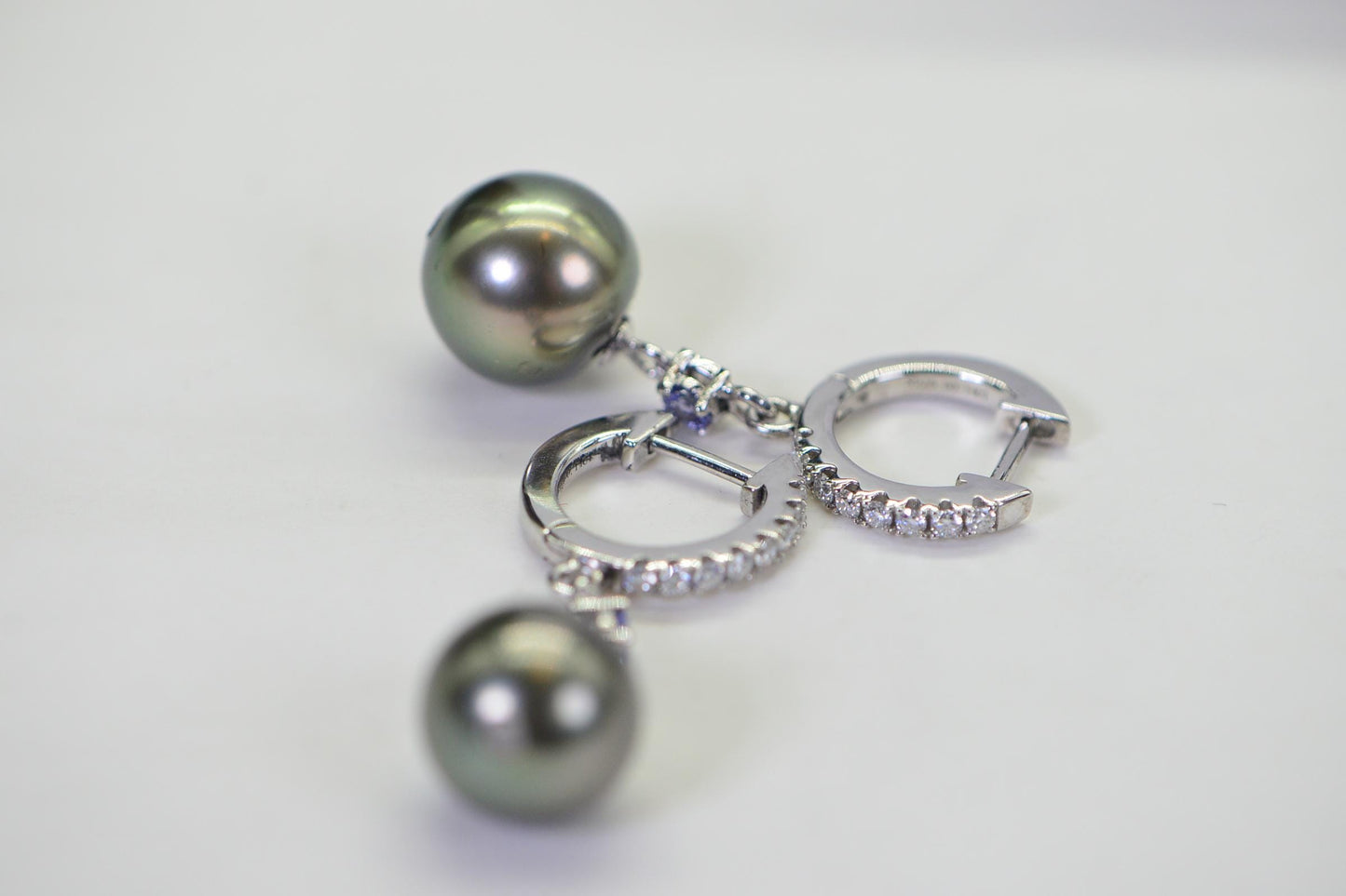 Tahitian Black Pearl Diamond Dangle Earrings: Tanzanite & Diamond