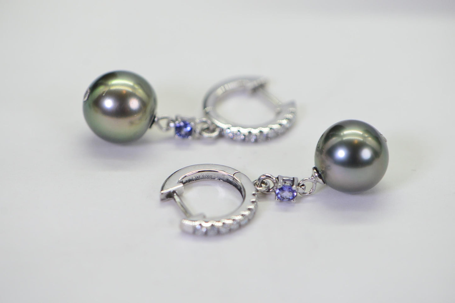 Tahitian Black Pearl Diamond Dangle Earrings: Tanzanite & Diamond