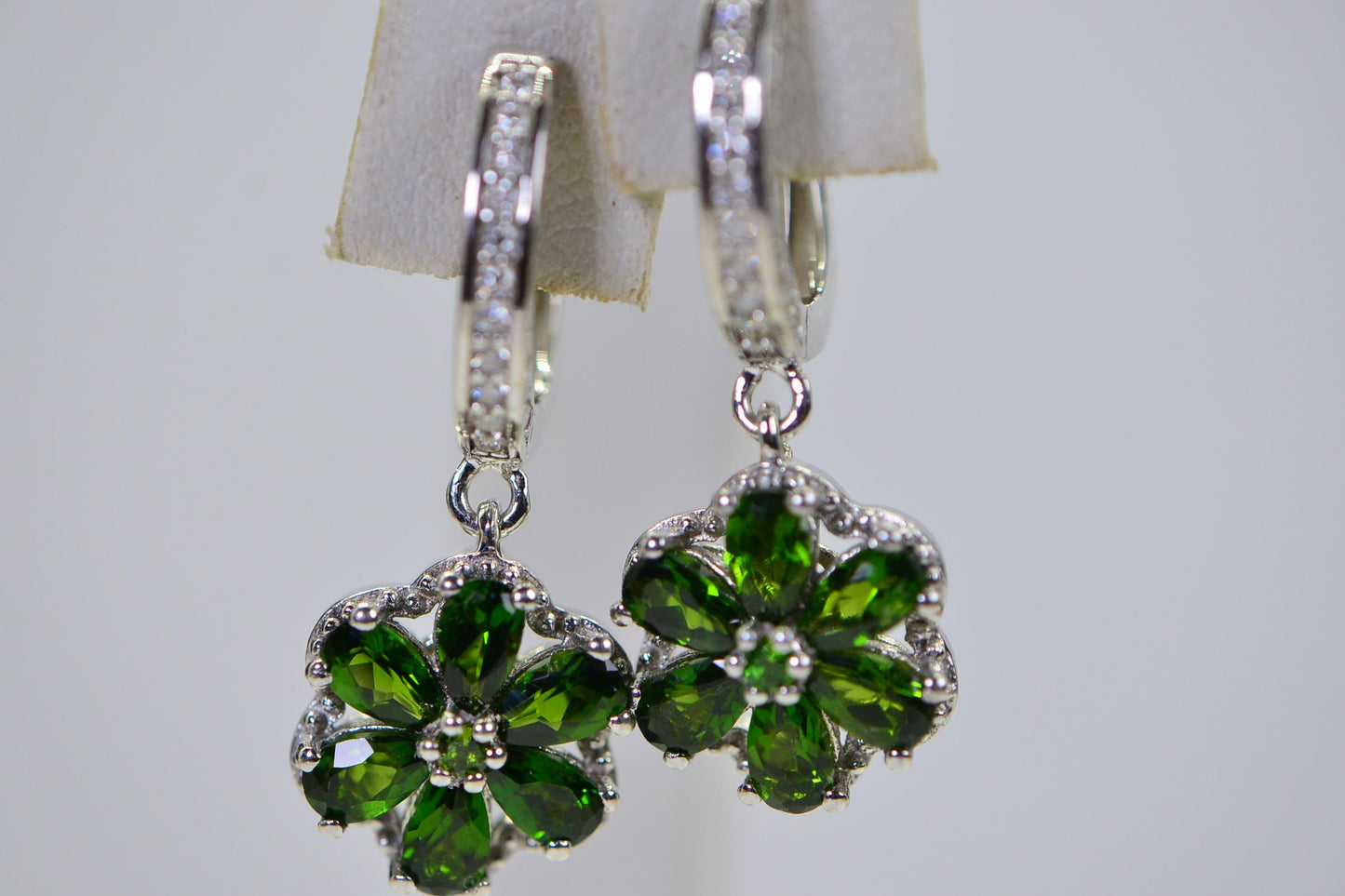 Diamond & Diopside Flower Earrings Teardrop Cut Gemstone Drop Earrings Solid 925 Sterling Silver