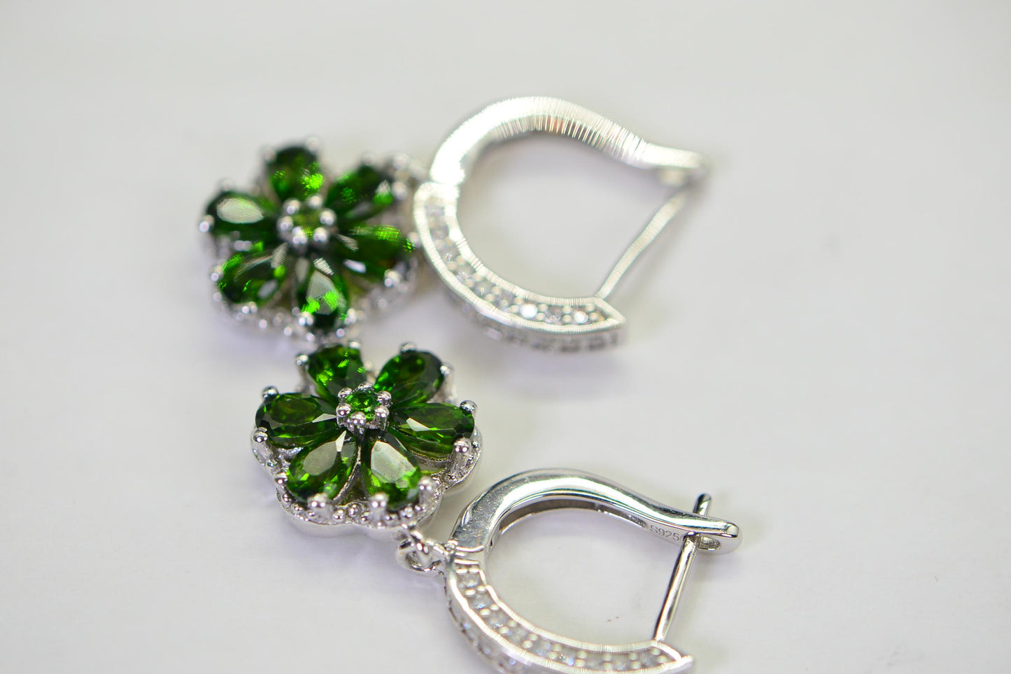 Diamond & Diopside Flower Earrings Teardrop Cut Gemstone Drop Earrings Solid 925 Sterling Silver