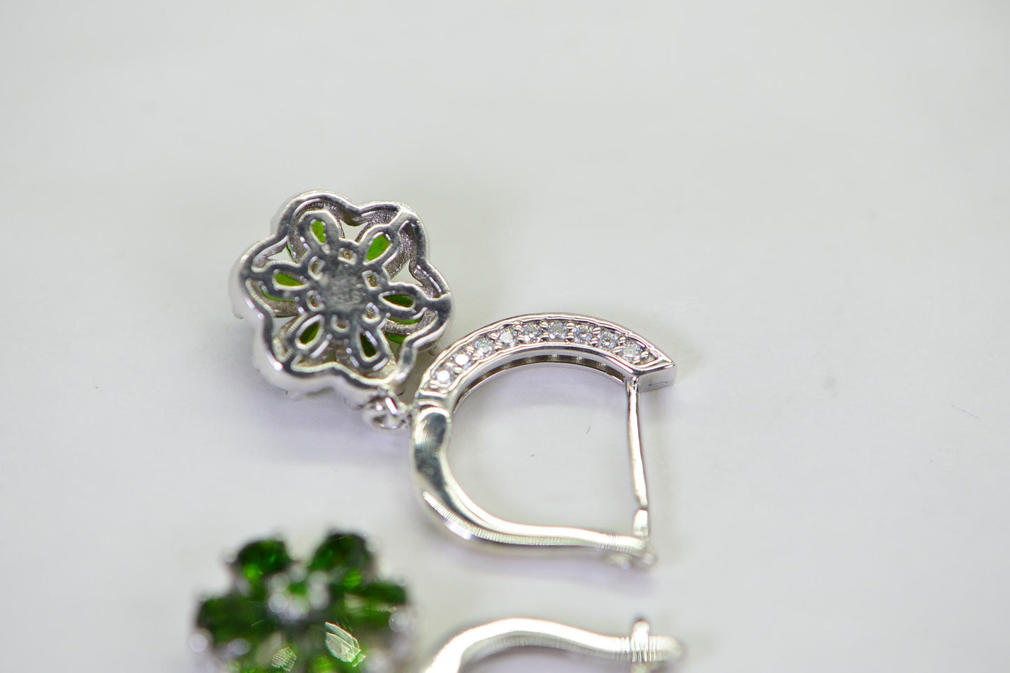 Diamond & Diopside Flower Earrings Teardrop Cut Gemstone Drop Earrings Solid 925 Sterling Silver