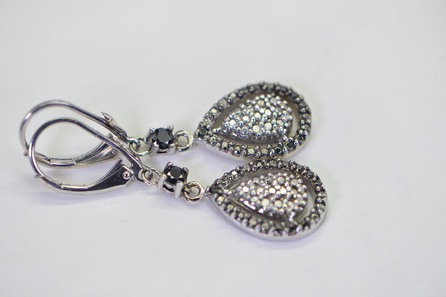 Black Diamond Teardrop Dangle Earrings, Sterling Silver Birthstone