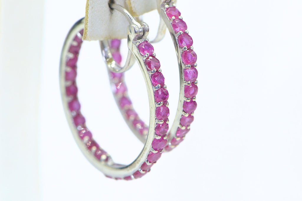 Ruby Hoop Earrings: Sterling Silver Raspberry Red July Birthstone