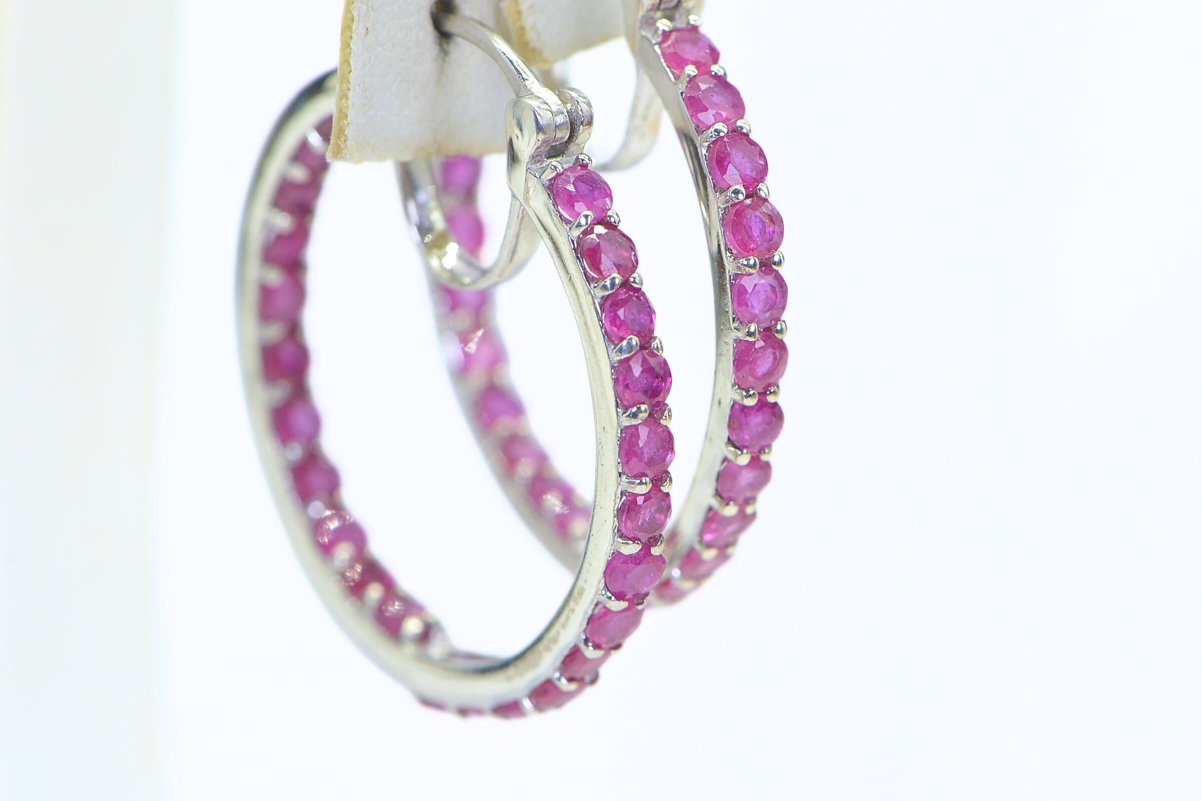 Ruby Hoop Earrings: Sterling Silver Raspberry Red July Birthstone