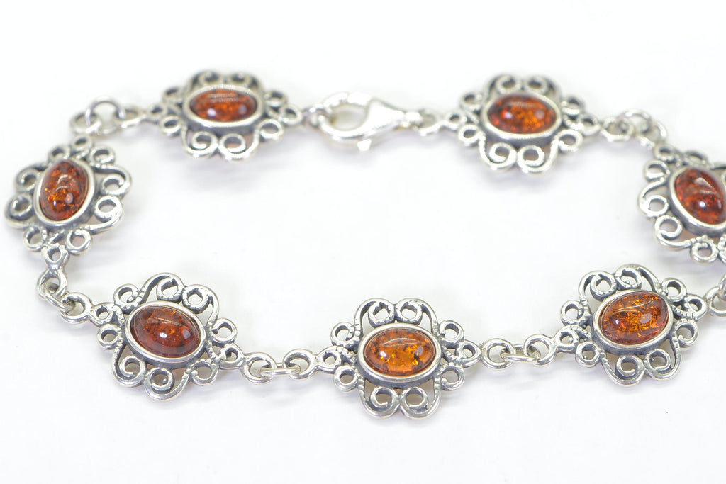 Floral Bracelet Chain Link Amber Gemstone Bracelet Filigree Sterling Silver