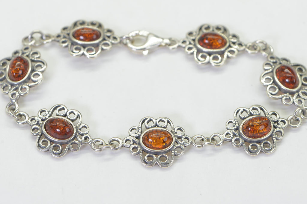 Floral Bracelet Chain Link Amber Gemstone Bracelet Filigree Sterling Silver