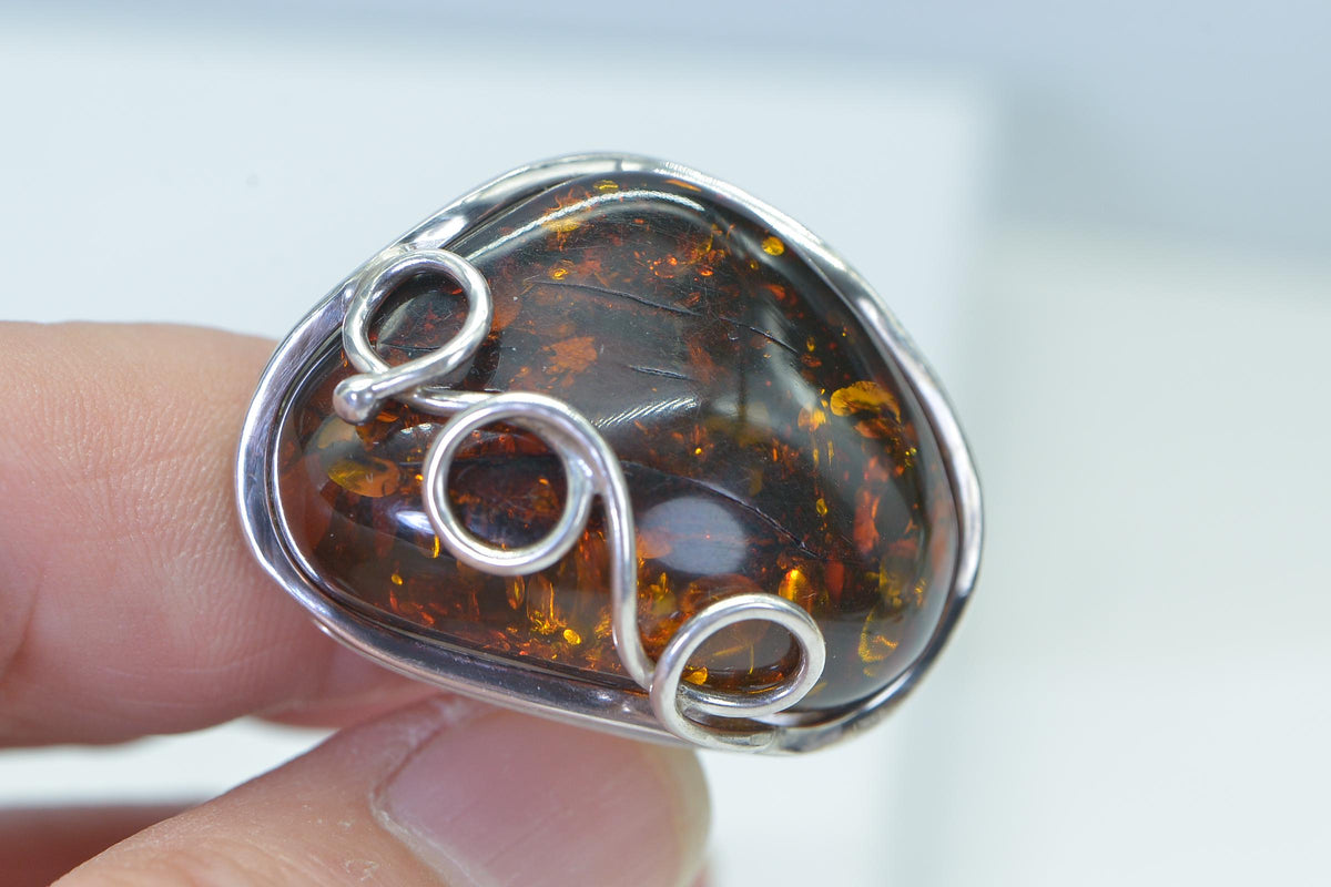 Baltic Amber Ring: Sterling Silver Gemstone Jewelry, Large Bold Ring Dark Honey Amber