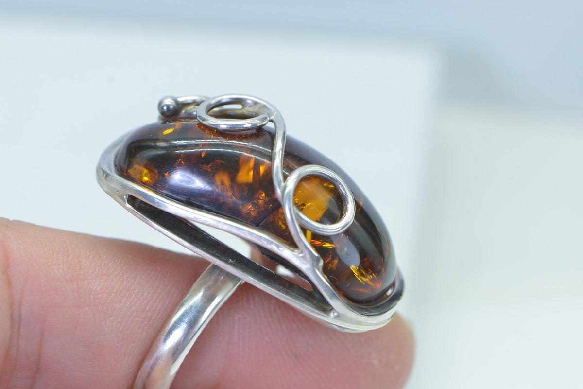 Baltic Amber Ring: Sterling Silver Gemstone Jewelry, Large Bold Ring Dark Honey Amber
