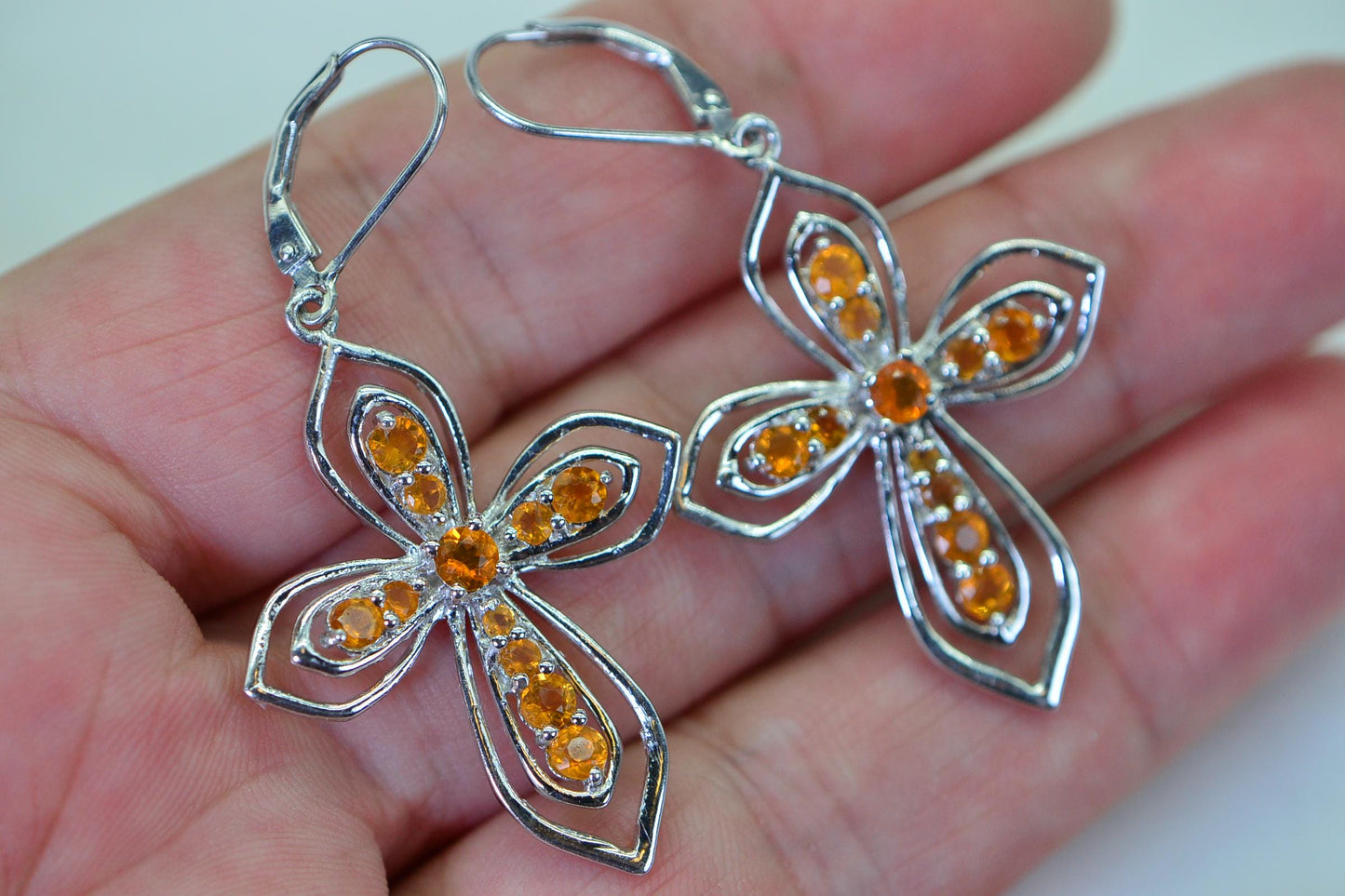 Natural Orange Opal  Cross Earrings Over Size Dangle Sterling Silver Earrings