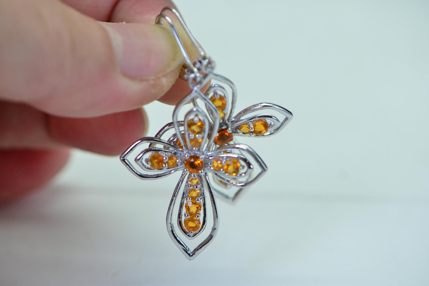 Natural Orange Opal  Cross Earrings Over Size Dangle Sterling Silver Earrings