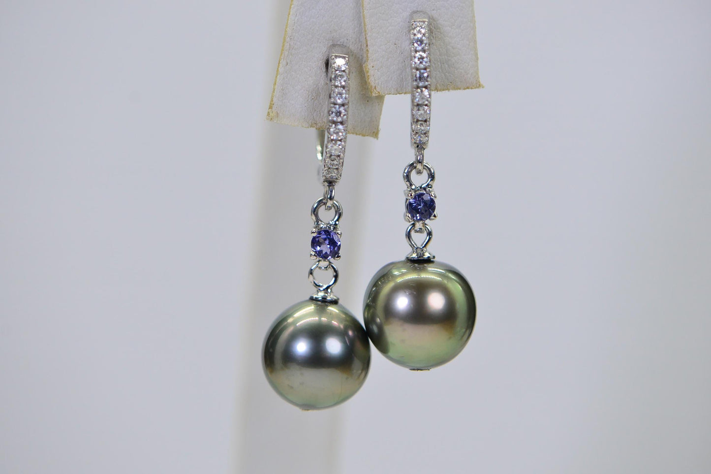 Tahitian Black Pearl Diamond Dangle Earrings: Tanzanite & Diamond