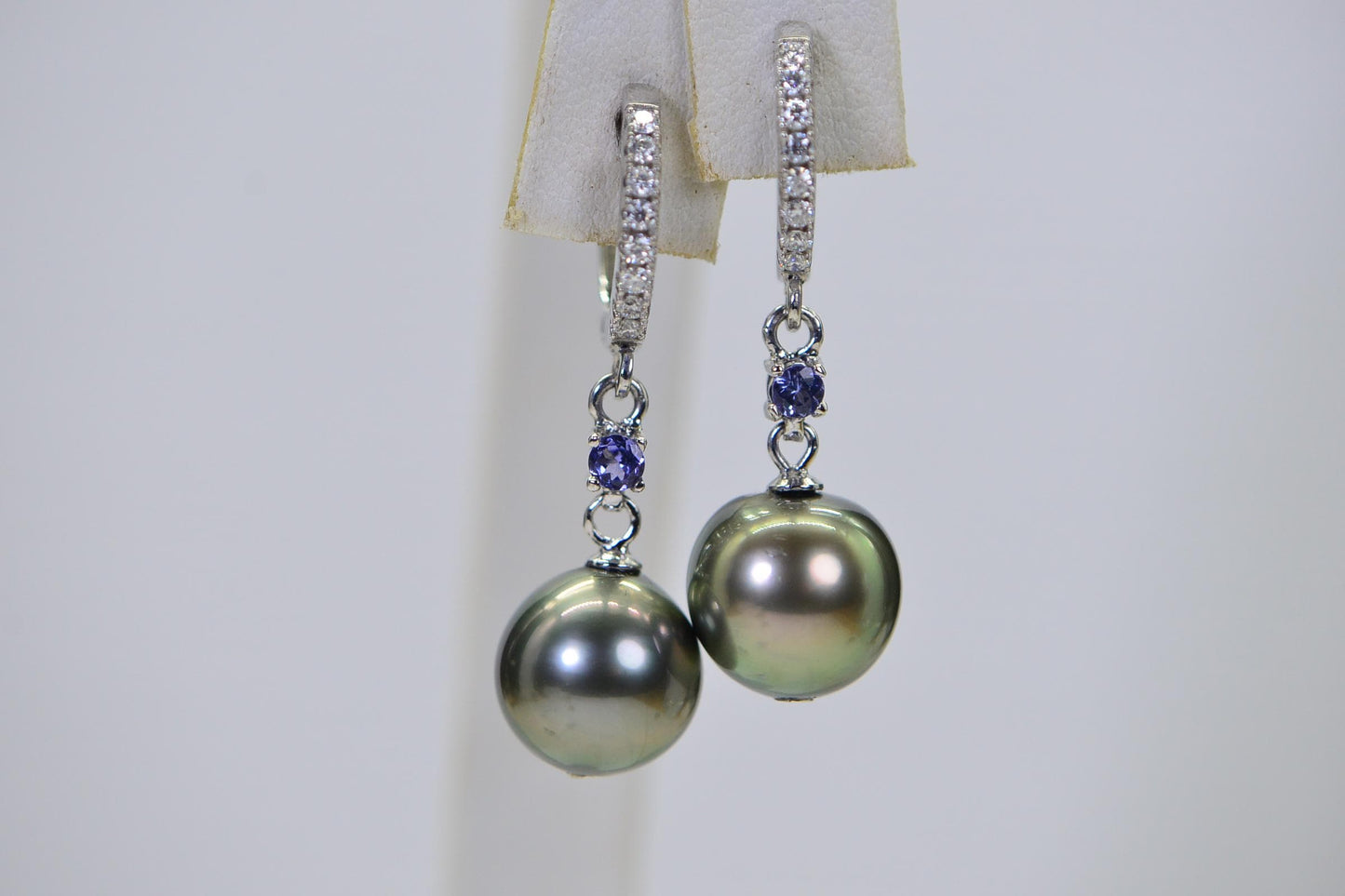 Tahitian Black Pearl Diamond Dangle Earrings: Tanzanite & Diamond