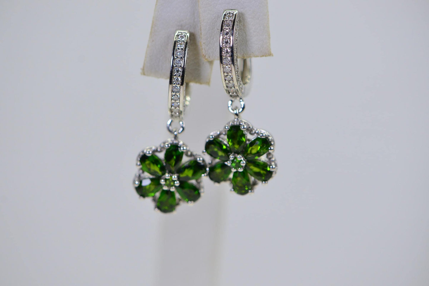 Diamond & Diopside Flower Earrings Teardrop Cut Gemstone Drop Earrings Solid 925 Sterling Silver