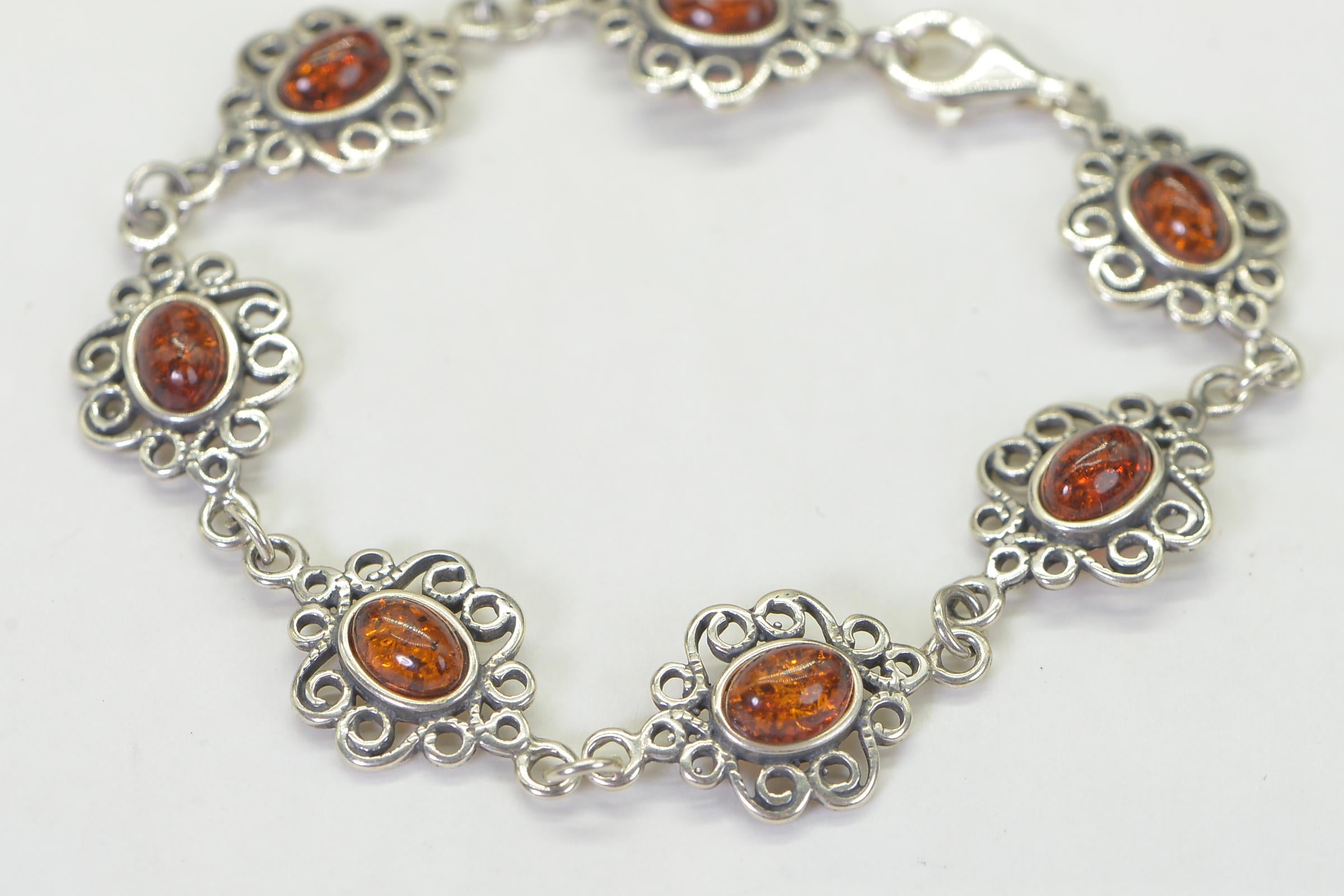 Floral Bracelet Chain Link Amber Gemstone Bracelet Filigree Sterling Silver