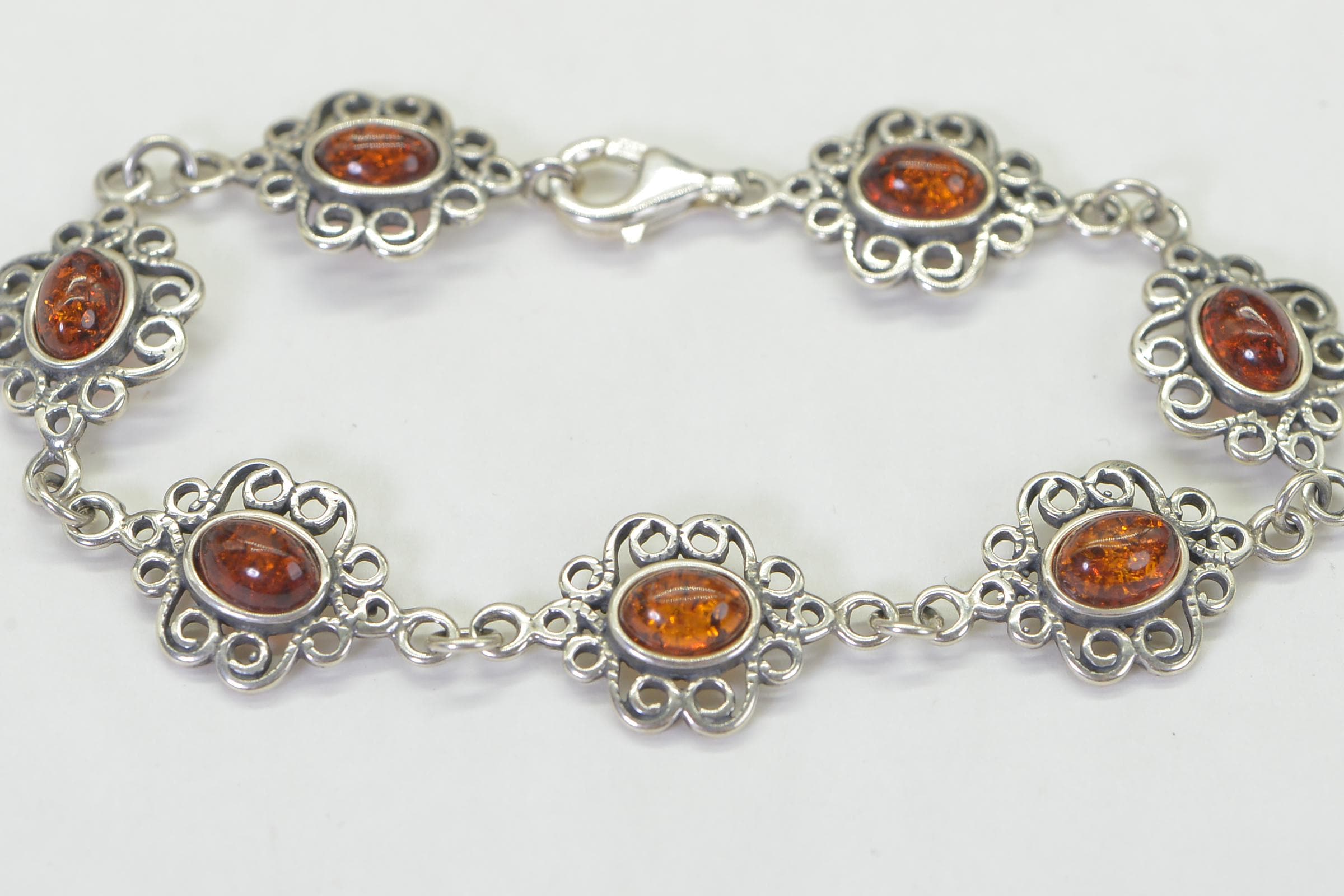 Floral Bracelet Chain Link Amber Gemstone Bracelet Filigree Sterling Silver