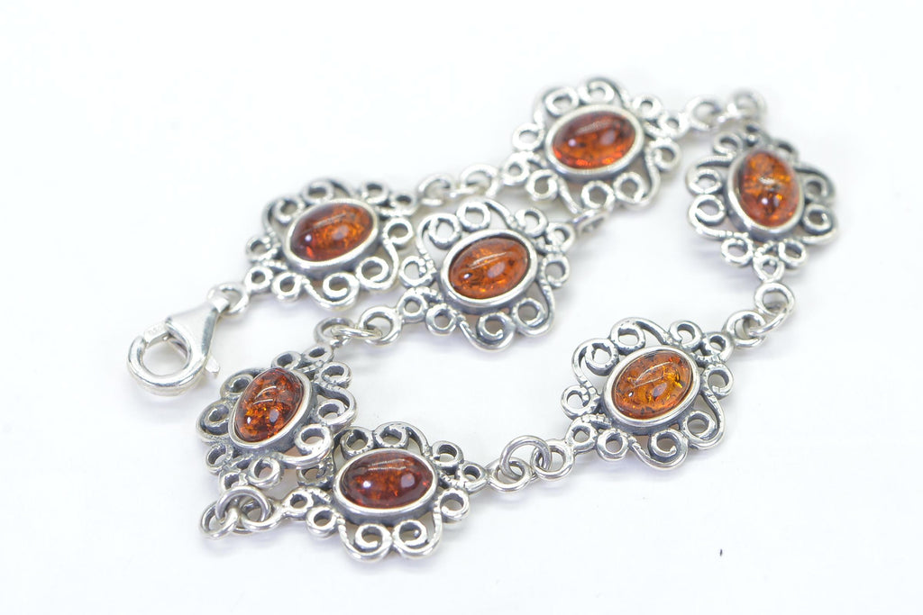 Floral Bracelet Chain Link Amber Gemstone Bracelet Filigree Sterling Silver