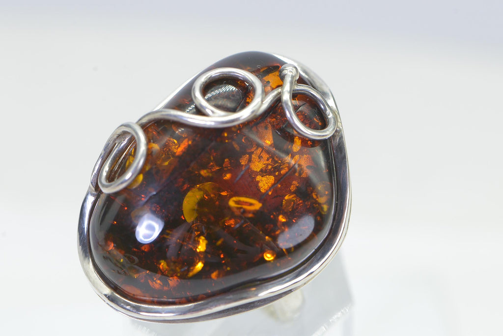 Baltic Amber Ring: Sterling Silver Gemstone Jewelry, Large Bold Ring Dark Honey Amber