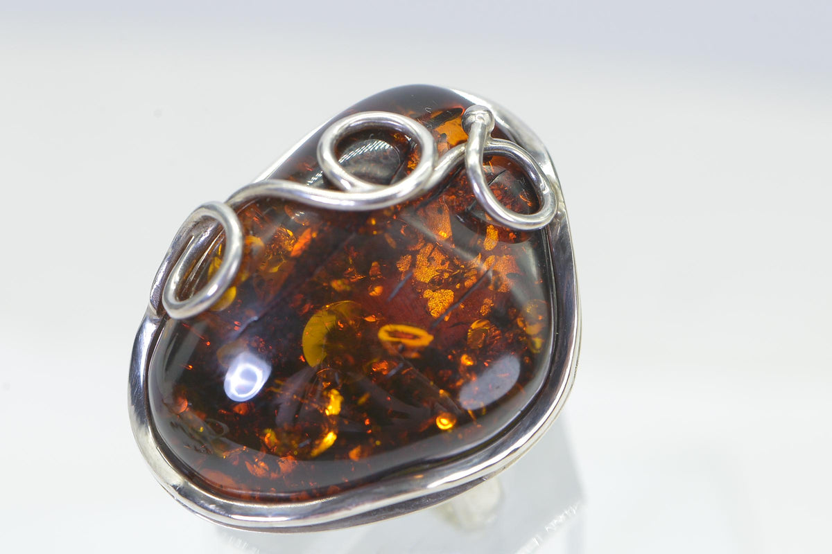 Baltic Amber Ring: Sterling Silver Gemstone Jewelry, Large Bold Ring Dark Honey Amber