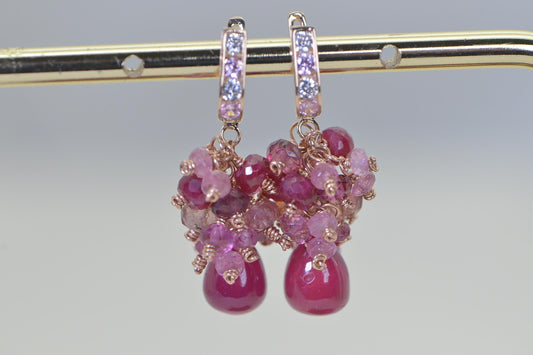 14K Rose Gold Ruby Cluster Earrings: Sapphire & Tourmaline Gemstone Dangle