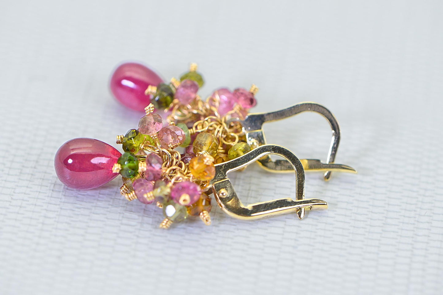 14K Gold Ruby Cluster Earrings: Sapphire & Tourmaline Gemstone Dangle