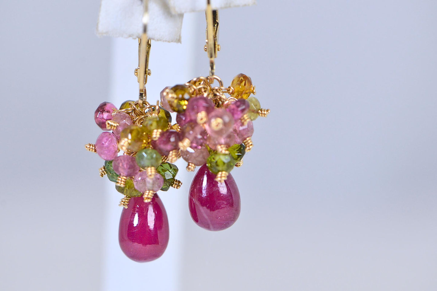 14K Gold Ruby Cluster Earrings: Sapphire & Tourmaline Gemstone Dangle