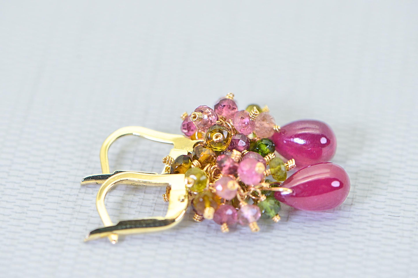 14K Gold Ruby Cluster Earrings: Sapphire & Tourmaline Gemstone Dangle