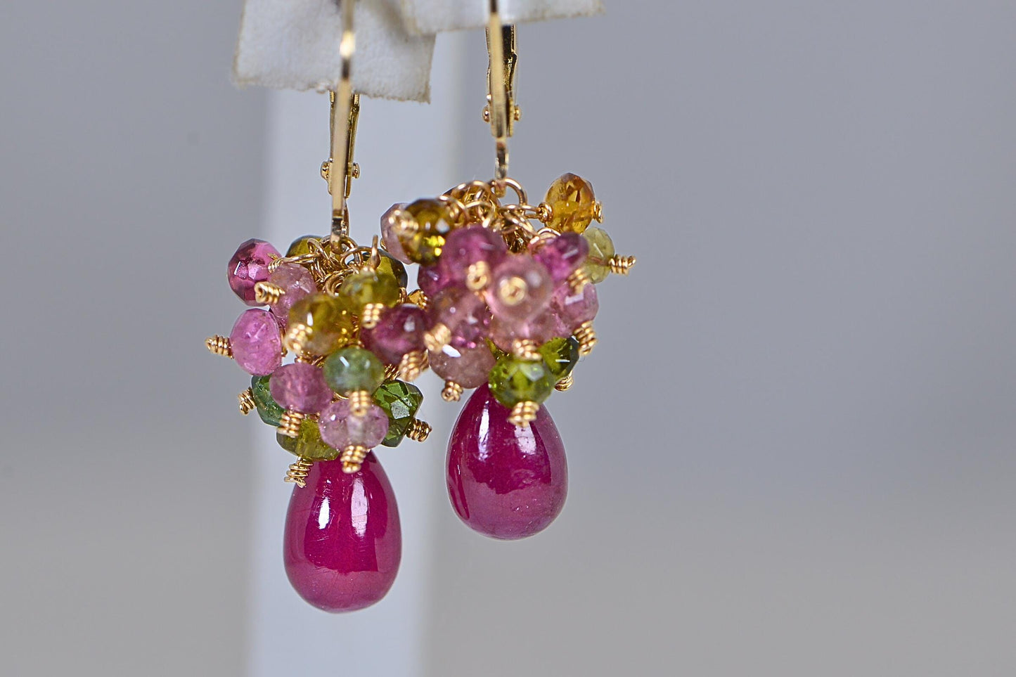 14K Gold Ruby Cluster Earrings: Sapphire & Tourmaline Gemstone Dangle