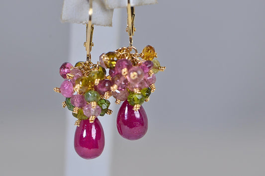 14K Gold Ruby Cluster Earrings: Sapphire & Tourmaline Gemstone Dangle
