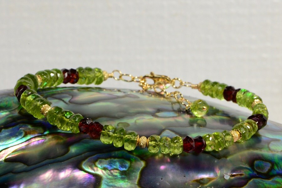 Peridot Garnet Bracelet: Handmade 14k Gold Filled Beaded Jewelry