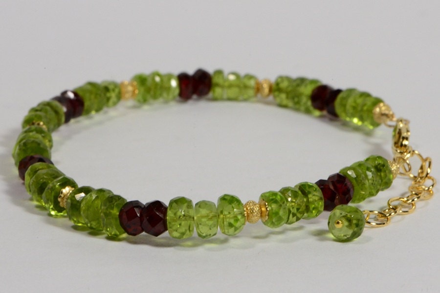 Peridot Garnet Bracelet: Handmade 14k Gold Filled Beaded Jewelry
