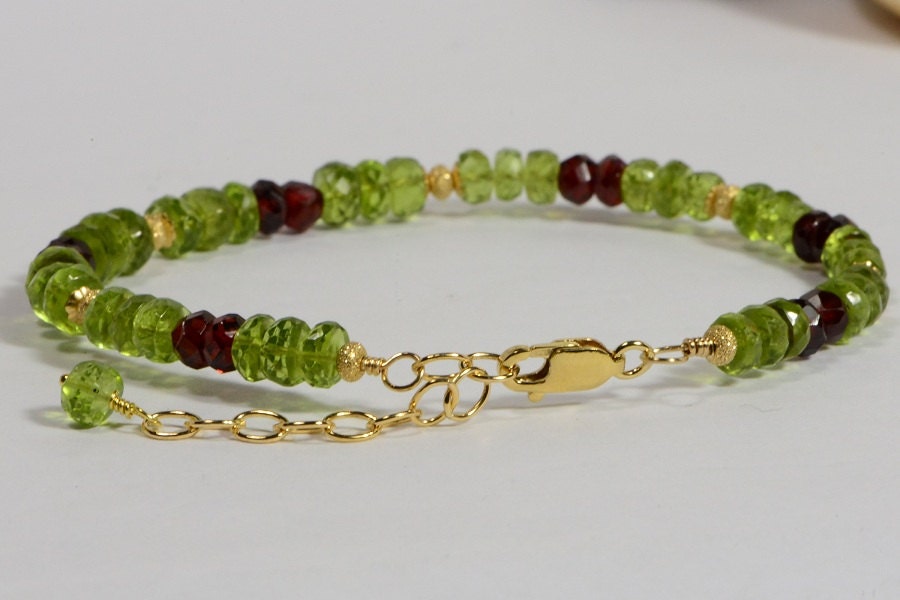 Peridot Garnet Bracelet: Handmade 14k Gold Filled Beaded Jewelry