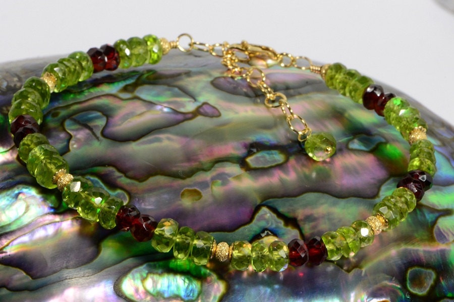 Peridot Garnet Bracelet: Handmade 14k Gold Filled Beaded Jewelry