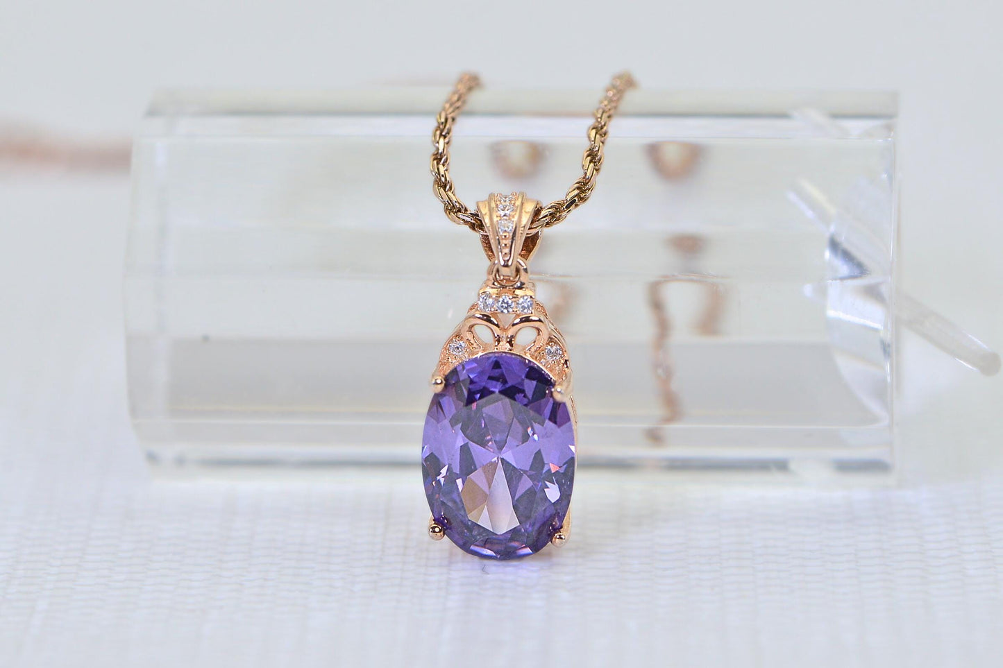 Rose Gold Amethyst Pendant: Oval Cut Swarovski Crystal, February Birthstone