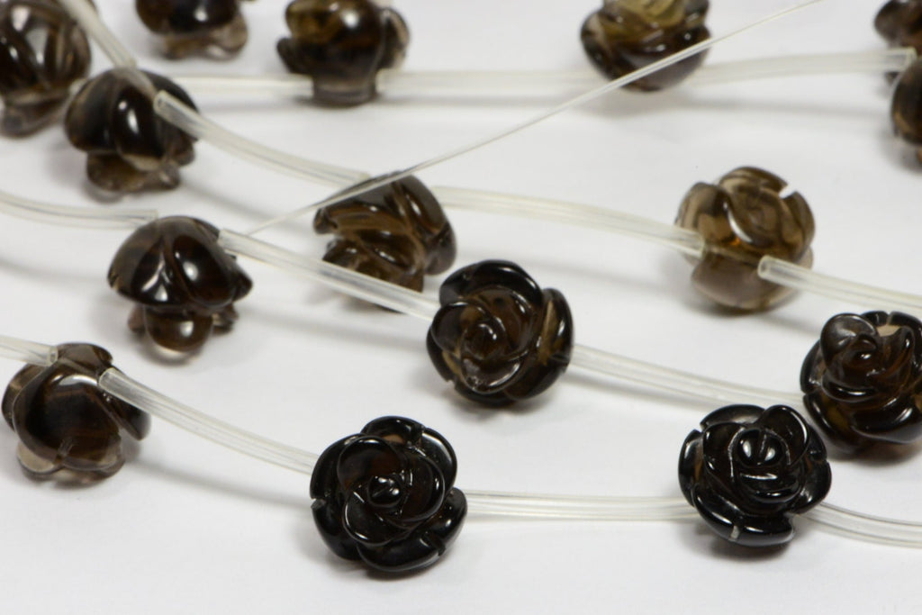 10mm Smoky Quartz Carved Rose  Natural Gemstone Bead Jewelry Making Supplies 2 Beads
