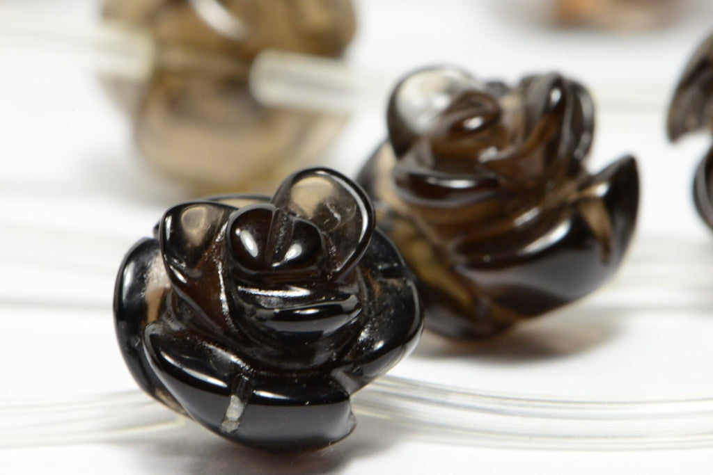 10mm Smoky Quartz Carved Rose  Natural Gemstone Bead Jewelry Making Supplies 2 Beads