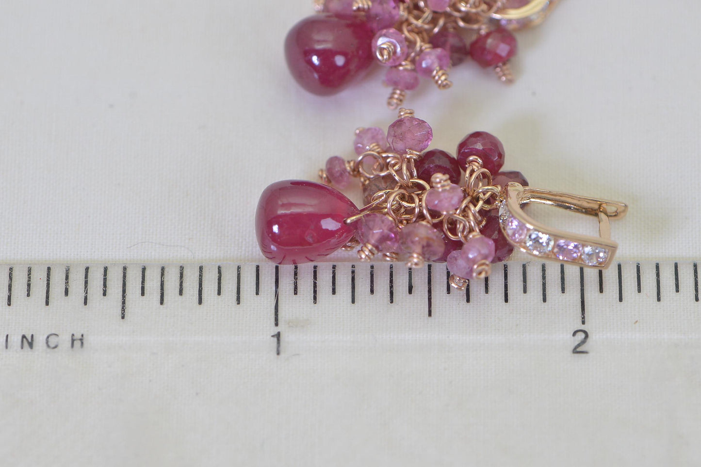 14K Rose Gold Ruby Cluster Earrings: Sapphire & Tourmaline Gemstone Dangle